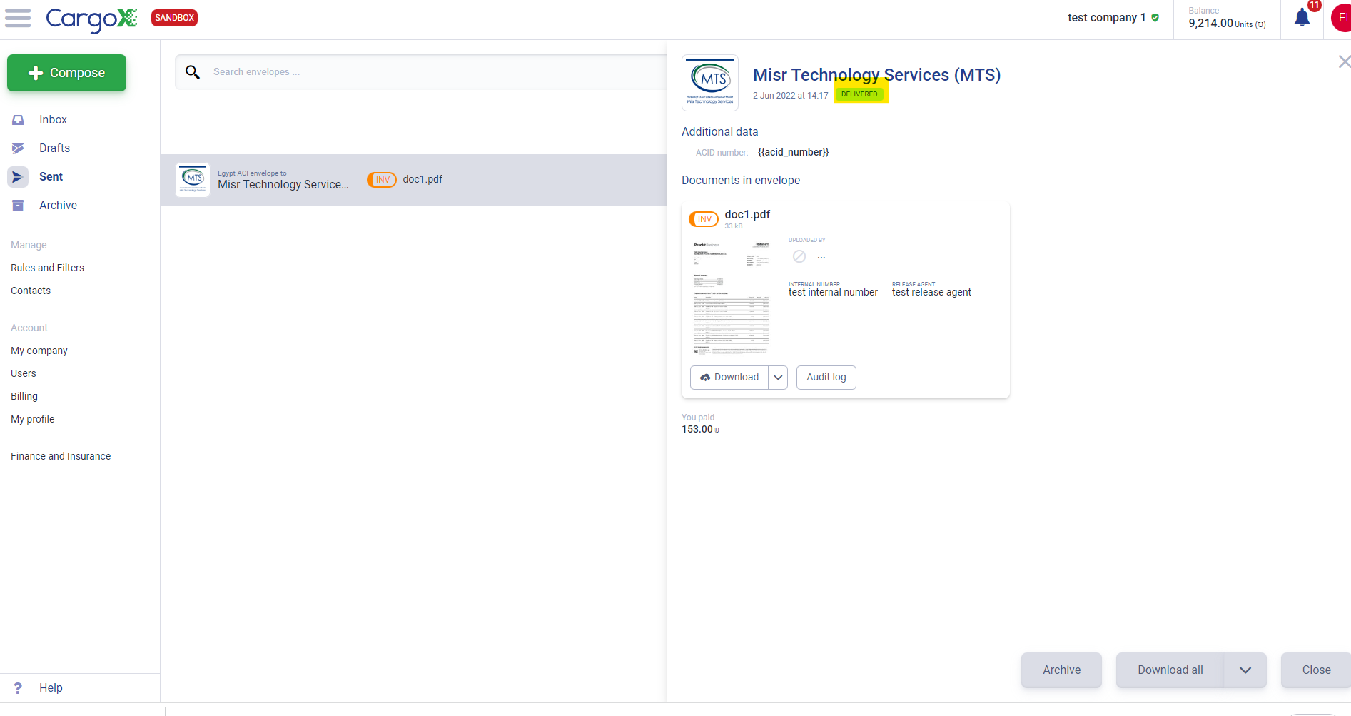 ACI envelope delivered