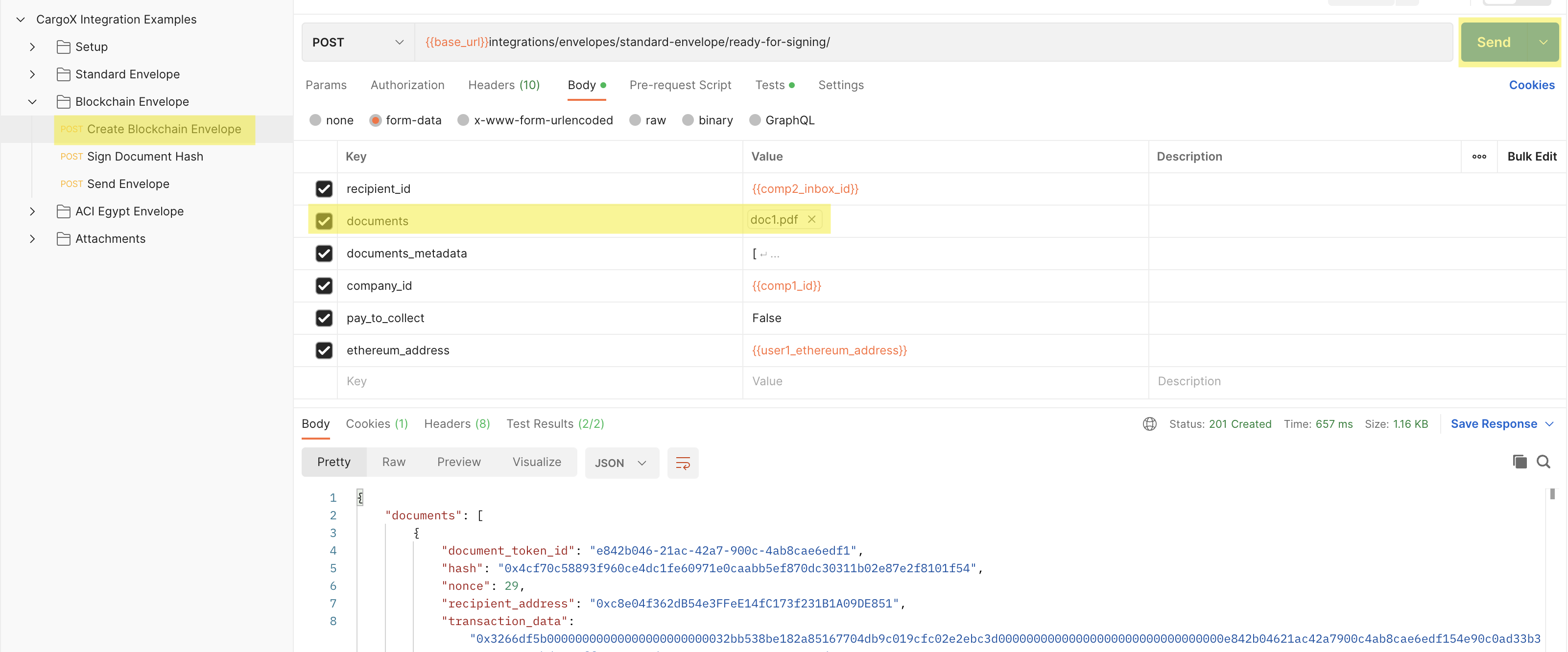 Create blockchain envelope